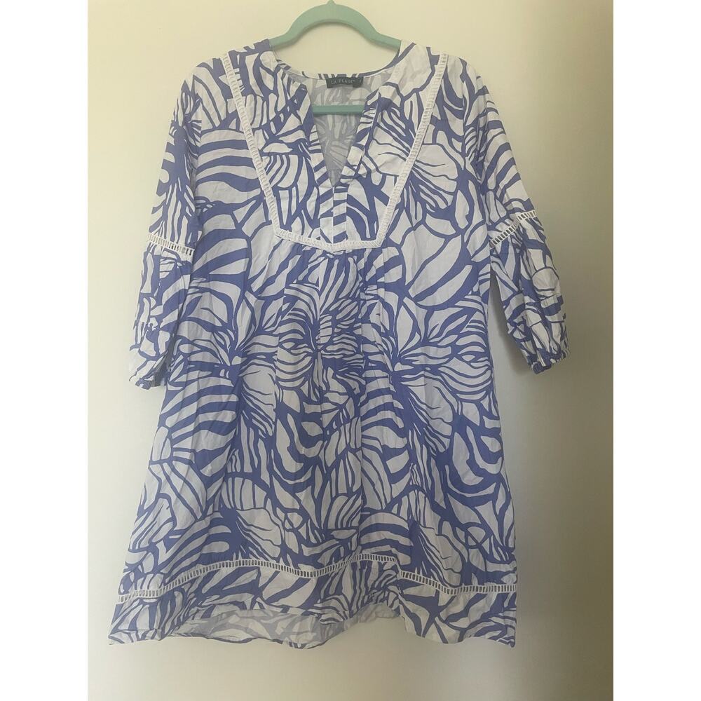 LA PLAGE Abstract Organic Floral Tunic Mini Dress Blue & White Sz Med